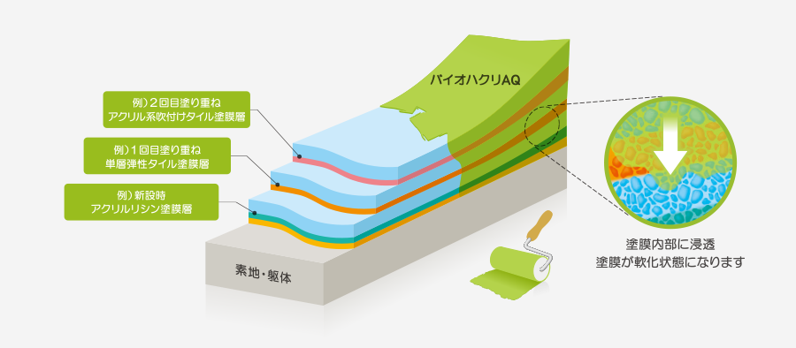 バイオハクリAQの塗膜への浸透イメージ図